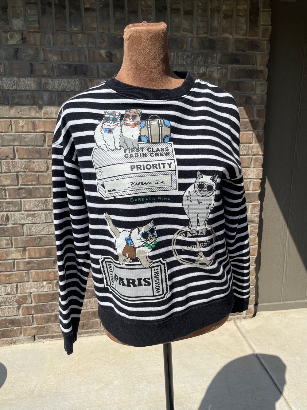 Striped Crewneck Sweater with Cat Travel Patch Graphics - Black & White